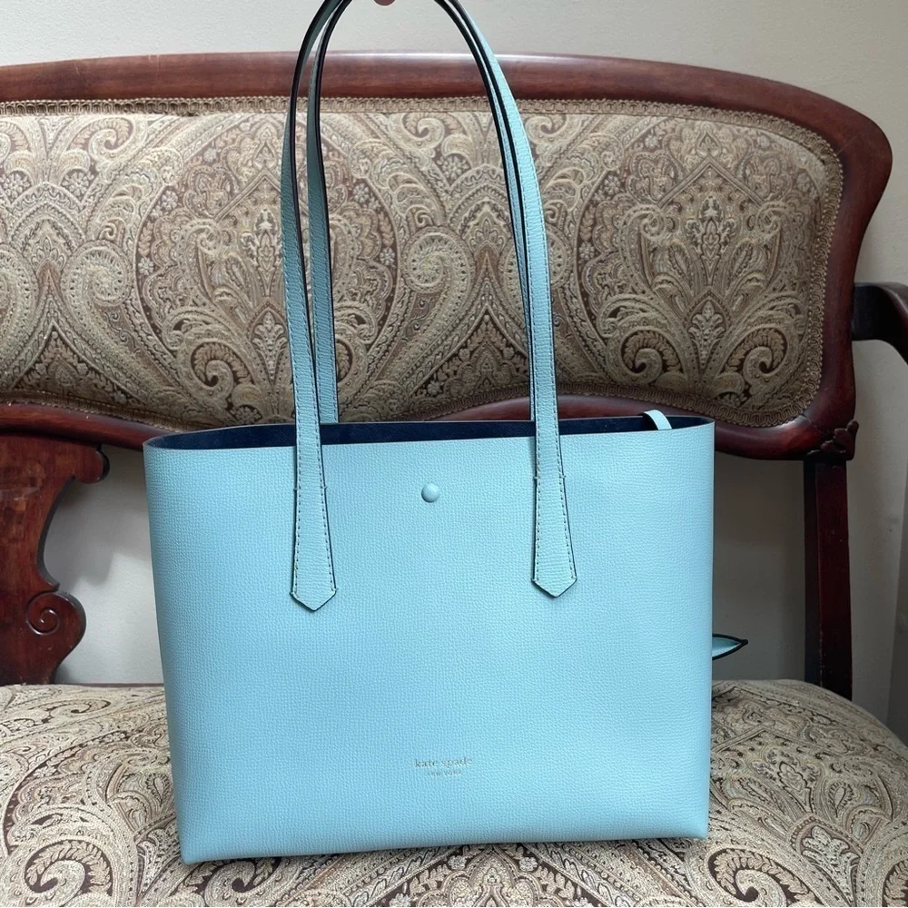 Kate Spade Light Blue Molly Cabana Tote Bag & Pouch Metal Spade Logo
